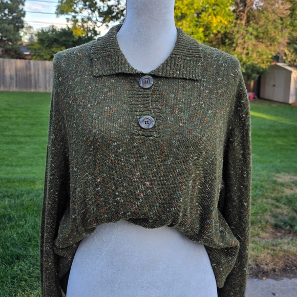 Erika Woman 1X Green Speckled Knit Sweater Collared 2 Button Pullover Oversized - Picture 1 of 7